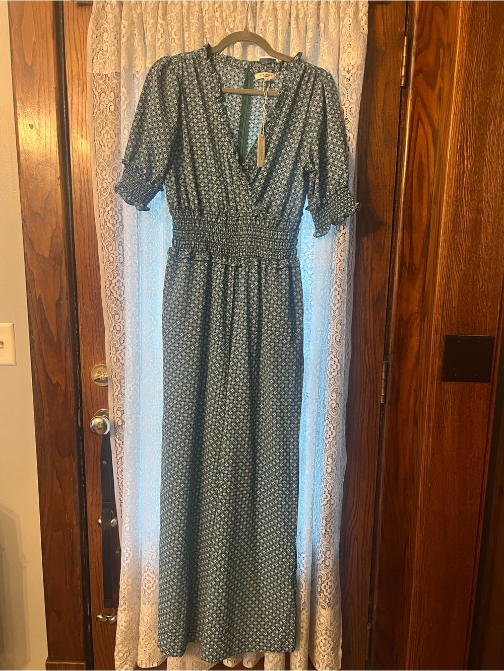 Max Studio Teal Blue Printed Maxi Jumpsuit with Smocked Waist NWT